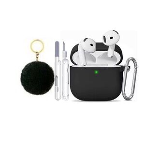 Black Silicone AirPods 4 case with cleaning kit and PomPom